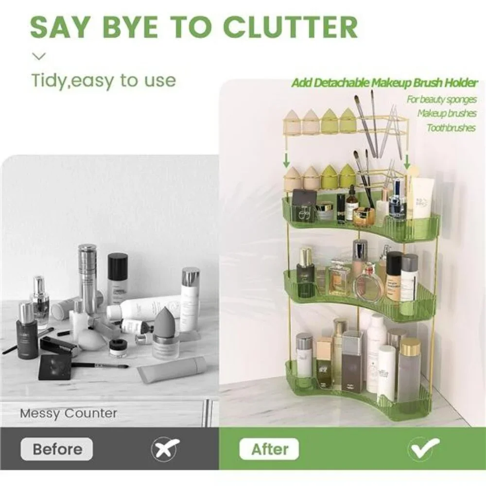 Green 3 tier corner makeup organizer with brush holder vanity storage shelf